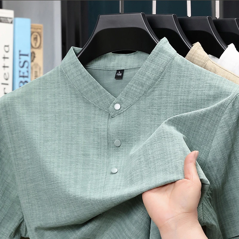 Home And Textiles - قميص رجالي صيفي بياقة واقفة وأزرار